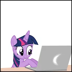 Size: 2000x2000 | Tagged: safe, artist:mrkat7214, derpibooru import, twilight sparkle, twilight sparkle (alicorn), alicorn, pony, comic:twilight vs. computer, computer, cute, female, laptop computer, mare, simple background, solo, twiabetes, white background