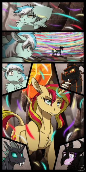 Size: 898x1799 | Tagged: safe, artist:inuhoshi-to-darkpen, artist:parclytaxel, derpibooru import, starlight glimmer, sunset shimmer, oc, oc:blackfyre, oc:puzzle piece, oc:strumming heartstrings, changeling, dragon, pony, unicorn, fanfic:northern venture, amputee, armor, changeling oc, fanfic art, feathered fetlocks, female, floppy ears, male, mare, missing limb, scared