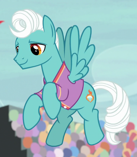 Size: 755x864 | Tagged: safe, derpibooru import, screencap, fire gem, pegasus, pony, common ground, background pony, clothes, cropped, flying, jersey, male, shirt, solo, stallion