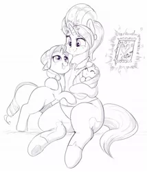 Size: 1624x1896 | Tagged: safe, artist:sirmasterdufel, derpibooru import, cookie crumbles, rarity, sweetie belle, pony, unicorn, baby, baby belle, baby pony, black and white, clothes, female, filly, filly rarity, foal, grayscale, hug, mare, monochrome, mother and child, mother and daughter, mother's day, younger