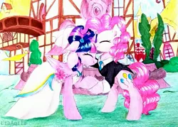 Size: 3241x2322 | Tagged: safe, artist:liaaqila, derpibooru import, pinkie pie, twilight sparkle, twilight sparkle (alicorn), alicorn, earth pony, pony, clothes, dress, eyes closed, female, fountain, lesbian, mare, ponyville, shipping, smiling, tuxedo, twinkie, wedding dress