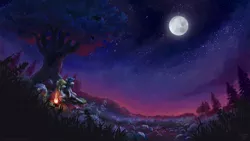 Size: 2000x1125 | Tagged: safe, artist:nemo2d, derpibooru import, oc, oc:bluepaint, oc:green stars, unofficial characters only, pony, commission, moon, night, scenery, tree