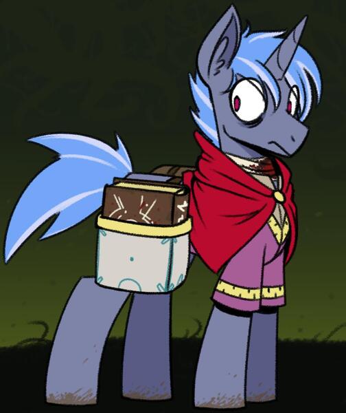 Size: 902x1074 | Tagged: safe, artist:reiduran, derpibooru import, oc, pony, unicorn, bag, bags under eyes, bandage, blood, book, cloak, clothes, eye bag, mud, saddle bag, solo, spellbook, warlock