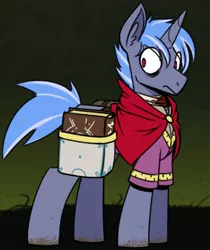 Size: 902x1074 | Tagged: safe, artist:reiduran, derpibooru import, oc, pony, unicorn, bag, bags under eyes, bandage, blood, book, cloak, clothes, eye bag, mud, saddle bag, solo, spellbook, warlock