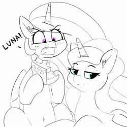 Size: 1500x1500 | Tagged: safe, artist:pabbley, derpibooru import, princess celestia, princess luna, alicorn, pony, angry, cake, cake theft, cakelestia, crumbs, dialogue, ear fluff, food, lidded eyes, monochrome, neo noir, open mouth, partial color, smug, smugluna, this will end in tears and/or a journey to the moon