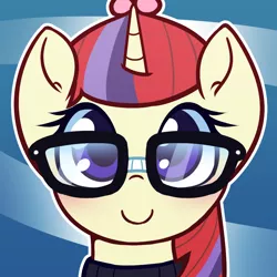 Size: 1000x1000 | Tagged: safe, artist:puetsua, derpibooru import, part of a set, moondancer, pony, unicorn, abstract background, avatar, blushing, bust, clothes, cute, dancerbetes, female, glasses, looking at you, mare, portrait, smiling, solo, sweater