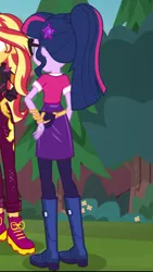 Size: 1242x2208 | Tagged: safe, derpibooru import, screencap, sci-twi, sunset shimmer, twilight sparkle, equestria girls, equestria girls series, festival filters, spoiler:eqg series (season 2), boots, clothes, fanny pack, geode of telekinesis, magical geodes, ponytail, shoes