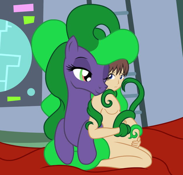 Size: 2403x2303 | Tagged: questionable, artist:badumsquish, derpibooru import, mane-iac, oc, oc:generic messy hair anime anon, human, pony, cheek rub, cuddling, eye contact, female, kneeling, looking at each other, male, male pregnancy, mare, nervous, nudity, nuzzling, one eye closed, pregnant, prehensile hair, prehensile mane, show accurate, sitting, snuggling, wink