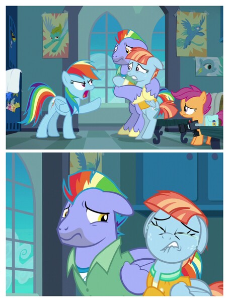 Size: 3106x4096 | Tagged: safe, derpibooru import, screencap, bow hothoof, rainbow dash, scootaloo, windy whistles, pony, parental glideance, crying, sad, windybuse