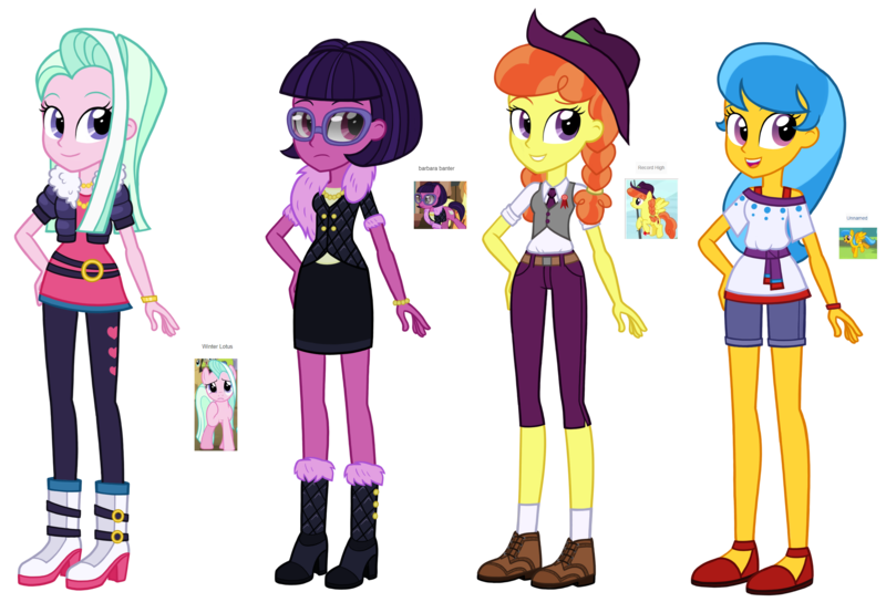 Size: 2592x1764 | Tagged: safe, artist:thecheeseburger, derpibooru import, barbara banter, record high, sky sweeper, tender brush, winter lotus, pony, equestria girls, background pony, blue hair, clothes, equestria girls-ified, fashion, female, glasses, hat, outfit, shoes, simple background, transparent background