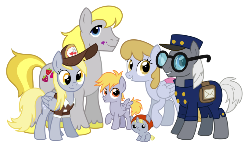 Size: 2088x1224 | Tagged: safe, artist:thecheeseburger, derpibooru import, crackle pop, derpy hooves, dipsy hooves, graceful falls, hugh jelly, mr. zippy, earth pony, pegasus, pony, unicorn, family, food, group, hat, looking at you, mail, mailbag, mailmare, muffin, parent, siblings, simple background, smiling, transparent background