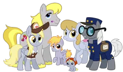 Size: 2088x1224 | Tagged: safe, artist:thecheeseburger, derpibooru import, crackle pop, derpy hooves, dipsy hooves, graceful falls, hugh jelly, mr. zippy, earth pony, pegasus, pony, unicorn, family, food, group, hat, looking at you, mail, mailbag, mailmare, muffin, parent, siblings, simple background, smiling, transparent background