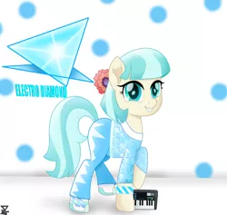 Size: 5700x5400 | Tagged: safe, artist:theretroart88, derpibooru import, coco pommel, earth pony, pony, 80s, absurd resolution, clothes, female, mare, polka dot background, raised hoof, simple background, smiling, solo, white background