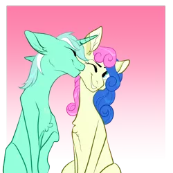 Size: 1000x1000 | Tagged: safe, artist:malphym, derpibooru import, bon bon, lyra heartstrings, sweetie drops, pony, duo, female, kiss on the cheek, kissing, lesbian, lyrabon, nuzzling, pink background, shipping, simple background, sitting