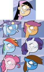 Size: 665x1097 | Tagged: safe, derpibooru import, edit, editor:undeadponysoldier, pinkie pie, rainbow dash, rarity, scootaloo, trixie, oc, oc:sandra garcia, earth pony, human, pegasus, pony, unicorn, cape, clothes, comparison, creepy face, eye twitch, fairly odd parents, female, glasses, hat, headband, mare, tell me i'm pretty, trixie tang, trixie's cape, trixie's hat