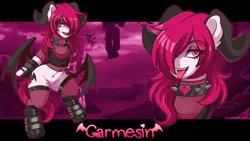 Size: 3840x2160 | Tagged: artist:ciderpunk, bipedal, choker, clothes, darksynth, demon, demon horns, demon pony, derpibooru import, eyeshadow, glow, horn, jewelry, looking at you, makeup, necklace, oc, oc:carmesin, original species, safe, sensual, sexy, spikes, succubus, undead, underworld, unofficial characters only
