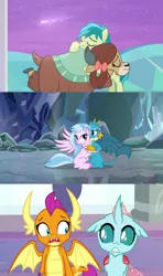 Size: 1920x3240 | Tagged: safe, derpibooru import, screencap, gallus, ocellus, sandbar, silverstream, smolder, yona, changedling, changeling, classical hippogriff, dragon, earth pony, gryphon, hippogriff, pony, yak, a matter of principals, she's all yak, what lies beneath, bow, catacomb, cloven hooves, cute, diaocelles, diastreamies, female, gallabetes, gallstream, hair bow, hug, implied lesbian, implied shipping, implied smolcellus, looking at each other, male, monkey swings, not sure if want, sandabetes, shipping, shipping fuel, shooting star, smolderbetes, straight, student six, teenager, yonadorable