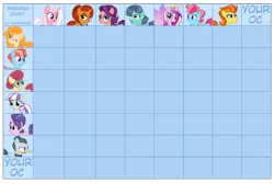 Size: 5955x3997 | Tagged: safe, artist:midnightamber, derpibooru import, clear sky, cloudy quartz, cookie crumbles, cup cake, mrs. paleo, pear butter, posey shy, princess cadance, spoiled rich, stellar flare, stormy flare, twilight velvet, windy whistles, oc, pony, common ground, adoptable, breeding grid, commission, custom, implied magical lesbian spawn, irl, photo, toy