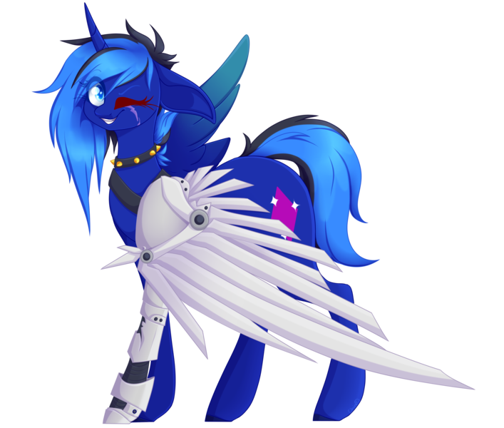 Size: 3000x2545 | Tagged: safe, artist:sodapopfairypony, derpibooru import, oc, oc:diamond sparkle, pegasus, pony, amputee, artificial wings, augmented, female, mare, mechanical wing, one eye closed, prosthetic limb, prosthetic wing, prosthetics, simple background, solo, transparent background, wings, wink