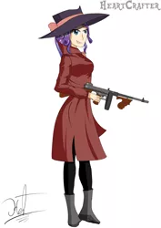 Size: 3508x4961 | Tagged: safe, artist:heart324, derpibooru import, rarity, human, equestria girls, bow, clothes, detective rarity, female, full body, gun, humanized, simple background, solo, standing, tommy gun, trenchcoat, weapon, white background