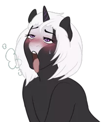 Size: 774x878 | Tagged: suggestive, artist:otterdrop, derpibooru import, oc, oc:s.leech, unofficial characters only, pony, unicorn, ahegao, blushing, bust, eyes rolling back, open mouth, simple background, solo, tongue out, transparent background