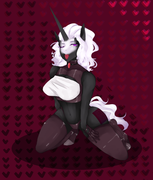 Size: 4093x4807 | Tagged: suggestive, artist:patate douce, derpibooru import, oc, oc:s.leech, unofficial characters only, anthro, unguligrade anthro, unicorn, bedroom eyes, breasts, choker, clothes, female, hooves, looking at you, panties, simple background, solo, tongue out, underwear