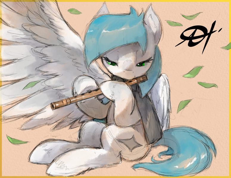 Size: 2475x1914 | Tagged: safe, artist:alts-art, derpibooru import, oc, oc:cynosura, unofficial characters only, pegasus, pony, bamboo, clothes, colored sketch, female, flute, leaves, lidded eyes, looking down, mare, musical instrument, orange background, playing instrument, scarf, signature, simple background, sitting, sketch, solo, spread wings, traditional art, unshorn fetlocks, watercolor painting, wings