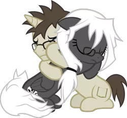 Size: 2153x1997 | Tagged: safe, artist:zacatron94, derpibooru import, oc, oc:blank novel, oc:captain white, unofficial characters only, pegasus, pony, unicorn, female, glasses, hug, male, mare, oc x oc, shipping, stallion, straight, whitenovel