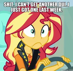 Size: 600x578 | Tagged: safe, derpibooru import, edit, edited screencap, screencap, sunset shimmer, driving miss shimmer, equestria girls, equestria girls series, cropped, impact font, solo