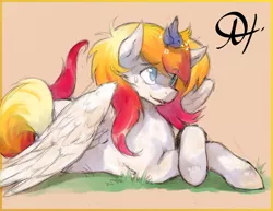 Size: 2475x1914 | Tagged: safe, artist:alts-art, derpibooru import, oc, oc:hotfix, unofficial characters only, bird, pegasus, pony, colored sketch, crossed hooves, ear fluff, gradient mane, gradient tail, grass, looking at each other, looking up, lying down, male, music notes, orange background, signature, simple background, sketch, solo, stallion, sweat, sweatdrop, traditional art, watercolor painting, wing fluff, wings