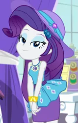 Size: 669x1049 | Tagged: safe, derpibooru import, screencap, rarity, camping must-haves, equestria girls, equestria girls series, spoiler:eqg series (season 2), cap, clothes, cropped, eyeshadow, female, geode of shielding, hat, lidded eyes, magical geodes, makeup, pencil skirt, rarity's bedroom, skirt, smiling, solo