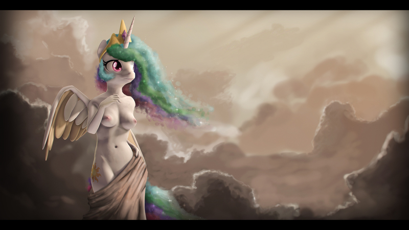 Size: 9216x5184 | Tagged: 3d, absurd file size, absurd resolution, adaptation, alicorn, anthro, artistic nudity, artist:imafutureguitarhero, artist:marsminer, belly button, black bars, breasts, chromatic aberration, clothes, cloud, colored wings, concerned, crown, derpibooru import, female, film grain, horn, jewelry, long mane, mare, multicolored mane, multicolored tail, nexgen, nipples, nudity, paintover, partial nudity, princess celestia, questionable, recursive fanart, regalia, signature, solo, solo female, source filmmaker, sparkly mane, tasteful nudity, topless, towel, wings