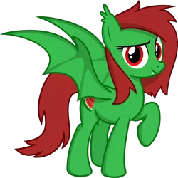 Size: 1495x1494 | Tagged: safe, artist:ravirr94, derpibooru import, oc, oc:watermelon frenzy, unofficial characters only, bat pony, pony, fangs, food, old design, smiling, solo, standing, watermelon, wings