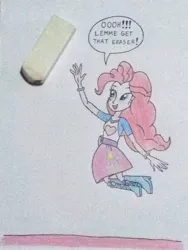 Size: 2448x3264 | Tagged: safe, artist:don2602, derpibooru import, pinkie pie, human, equestria girls, boots, clothes, comic, cute, eraser, fourth wall break, jumping, reaching out, shoes, skirt, solo, traditional art