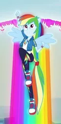 Size: 403x810 | Tagged: safe, derpibooru import, screencap, rainbow dash, equestria girls, equestria girls series, run to break free, spoiler:eqg series (season 2), beautiful, clothes, converse, cropped, cute, dashabetes, double sonic rainboom, female, flying, geode of super speed, magical geodes, ponied up, rainbow trail, shoes, sneakers, solo, wings