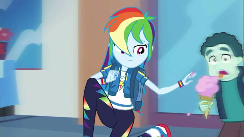 Size: 1192x670 | Tagged: safe, derpibooru import, screencap, mint chip, rainbow dash, equestria girls, equestria girls series, run to break free, spoiler:eqg series (season 2), clothes, female, food, ice cream, lidded eyes, male, smiling