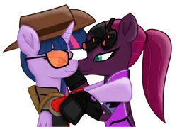 Size: 9695x6952 | Tagged: safe, artist:ejlightning007arts, derpibooru import, tempest shadow, twilight sparkle, twilight sparkle (alicorn), alicorn, pony, boop, cute, female, hat, lesbian, noseboop, overwatch, ponytail, shipping, simple background, sunglasses, team fortress 2, tempestlight, transparent background, twilight sniper, vector, widowmaker, widowtempest