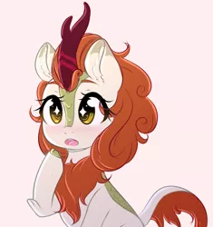 Size: 1688x1794 | Tagged: safe, artist:fluffymaiden, derpibooru import, autumn blaze, kirin, sounds of silence, awwtumn blaze, blushing, colored pupils, covering mouth, cute, ear fluff, female, hoof over mouth, leg fluff, looking at something, looking at you, :o, open mouth, pink background, simple background, sitting, solo, starry eyes, three quarter view, white background, wide eyes, wingding eyes