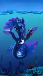 Size: 1200x2133 | Tagged: armpits, artist:1jaz, bubble, crown, derpibooru import, female, fish tail, hoof shoes, horn, jewelry, lidded eyes, lobster, looking at you, ocean, princess luna, regalia, safe, seaponified, seapony (g4), seapony luna, ship, shipwreck, signature, solo, species swap, underwater, water