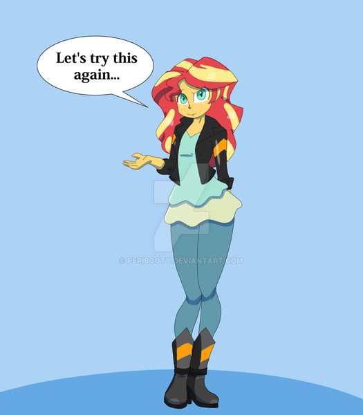 Size: 1024x1170 | Tagged: dead source, safe, artist:peribooty, derpibooru import, sunset shimmer, equestria girls, incentive drive, looking at you, obtrusive watermark, solo, speech bubble, watermark