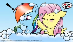 Size: 1042x605 | Tagged: safe, artist:khaotixdreamfd, derpibooru import, fluttershy, rainbow dash, pony, bath, bubble, bubble bath, cute, daaaaaaaaaaaw, dashabetes, female, flutterdash, lesbian, shipping, shyabetes