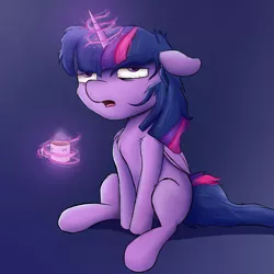 Size: 5000x5000 | Tagged: safe, artist:rainyvisualz, derpibooru import, twilight sparkle, twilight sparkle (alicorn), alicorn, pony, bloodshot eyes, coffee, glowing horn, horn, levitation, looking up, magic, mug, sitting, sleepy, solo, telekinesis, tired, twilight is not amused, unamused