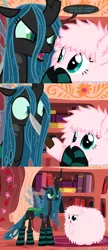 Size: 650x1500 | Tagged: semi-grimdark, artist:mixermike622, derpibooru import, edit, queen chrysalis, oc, oc:fluffle puff, changeling, changeling queen, pony, tumblr:ask fluffle puff, ..., adoracreepy, anxiety, book, breakdown, canon x oc, chrysipuff, clothes, comic, creepy, cropped, crying, crying inside, cute, dark comedy, dialogue, duo, eye contact, fangs, fear, female, flufflebetes, forced, golden oaks library, grimderp, hardcore, help me, humor, hyperventilating, intimidating, knife, lesbian, looking at each other, mare, menacing, mouth hold, nervous, obey, oh crap, oh crap face, open mouth, overly attached girlfriend, panic, panic attack, sad, sadorable, savage, scared, shipping, shocked, shrunken pupils, smiling, sobbing, socks, speech bubble, spread wings, striped socks, sweat, teary eyes, threat, threatening, weapon, wide eyes, wings, worried, yandere