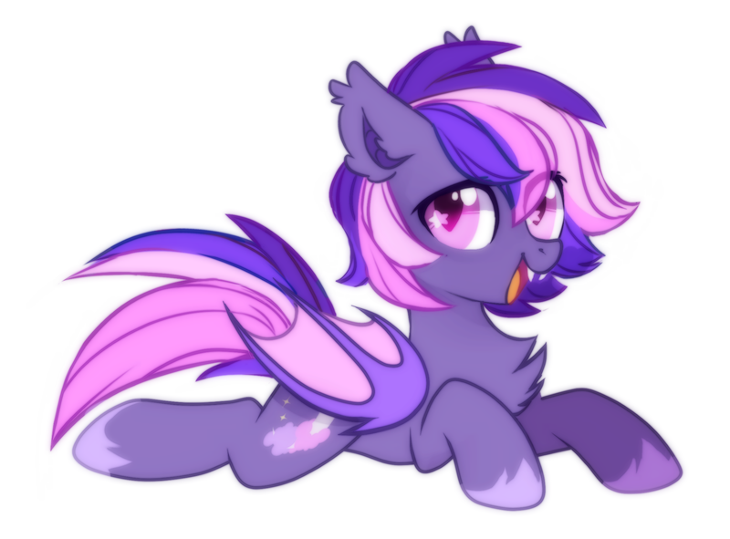 Size: 2300x1700 | Tagged: safe, artist:mirtash, derpibooru import, oc, oc:midnight mist, unofficial characters only, bat pony, pony, bat pony oc, bat wings, chest fluff, fangs, female, mare, open mouth, prone, rcf community, simple background, smiling, solo, starry eyes, white background, wingding eyes, wings
