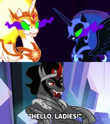 Size: 1280x1440 | Tagged: safe, derpibooru import, edit, edited screencap, screencap, daybreaker, king sombra, nightmare moon, pony, unicorn, the beginning of the end, alternate universe, chair, curved horn, hidden wings, horn, hungry, implied alicorn, implied group sex, implied polyamory, implied sex, implied shipping, implied threesome, it's good to be the king, long live the king, seductive look, seductive pose, sitting, slouching, sombra eyes, stupid sexy sombra, this will end in snu snu, throne, xk-class end-of-the-world scenario