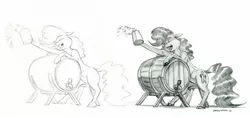 Size: 1751x823 | Tagged: safe, artist:baron engel, derpibooru import, pinkie pie, earth pony, pony, barrel, cider, female, grayscale, mare, monochrome, palindrome get, pencil drawing, simple background, sketch, tankard, traditional art, white background