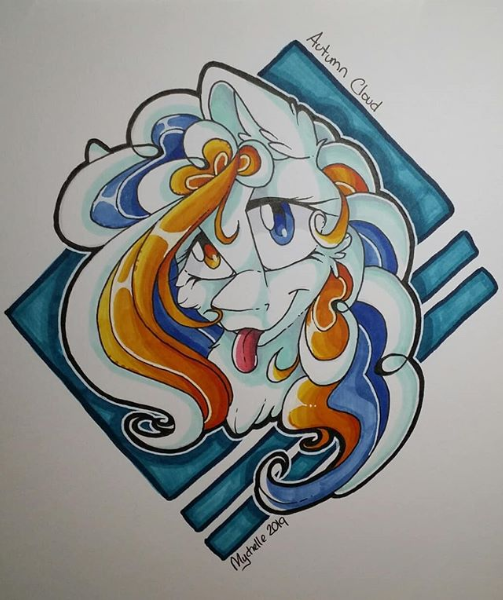 Size: 503x600 | Tagged: safe, artist:mychelle, derpibooru import, oc, oc:autumn cloud, pony, bust, female, heterochromia, mare, portrait, solo, tongue out, traditional art