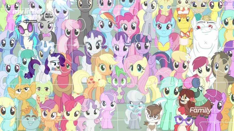 Size: 1280x720 | Tagged: safe, derpibooru import, screencap, aloe, amethyst star, apple bloom, applejack, berry punch, berryshine, big macintosh, bon bon, bulk biceps, carrot cake, carrot top, cheerilee, cherry berry, cloudchaser, cup cake, daisy, derpy hooves, diamond tiara, doctor whooves, flitter, flower wishes, fluttershy, golden harvest, granny smith, lemon hearts, lily, lily valley, linky, lotus blossom, lyra heartstrings, mayor mare, minuette, octavia melody, pinkie pie, pipsqueak, pokey pierce, pound cake, pumpkin cake, rainbow dash, rarity, roseluck, sassaflash, scootaloo, sea swirl, seafoam, shoeshine, silver spoon, snails, snips, spike, spring melody, sprinkle medley, sunshower raindrops, sweetie belle, sweetie drops, thunderlane, time turner, twilight sparkle, twilight sparkle (alicorn), twinkleshine, twist, vinyl scratch, yona, alicorn, dragon, earth pony, pegasus, pony, unicorn, yak, she's all yak, the cutie re-mark, bow, bowtie, cloven hooves, colt, cowboy hat, cutie mark crusaders, female, filly, fit right in, glasses, hair bow, hat, jewelry, looking at you, male, mane seven, mane six, mare, monkey swings, necklace, puzzle, stallion, wall of tags