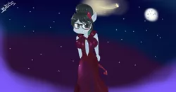 Size: 1280x678 | Tagged: safe, artist:mrscurlystyles, derpibooru import, raven, writing desk, anthro, earth pony, unicorn, clothes, costume, devil, devil horns, dress, glasses, hair bun, horns, nightmare night