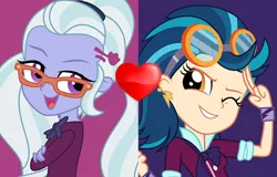 Size: 2596x1660 | Tagged: safe, artist:themexicanpunisher, derpibooru import, indigo zap, sugarcoat, equestria girls, friendship games, clothes, crossed arms, crystal prep academy uniform, ear piercing, female, glasses, goggles, heart, high res, lesbian, one eye closed, open mouth, piercing, school uniform, shipping, shipping domino, sugarzap, wink
